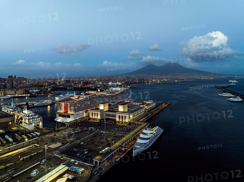 Naples Ferry Terminal at night from a drone, Molo Immacolatella Vecchia, Naples, Campania, Italy, Europe