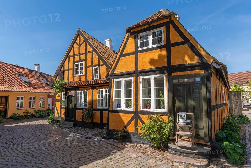 Fåborg, Faaborg, picturesque old town with colourful houses, half-timbered houses, plants, gabled houses, cobblestones, Fyn, island of Funen, south coast, Danish South Sea, Denmark, Europe