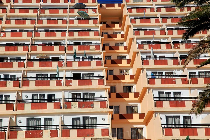 Palm Garden hotel balconies at Solana Matoral, Morro Jable, Jandia peninsula, Fuerteventura, Canary Islands, Spain, Europe
