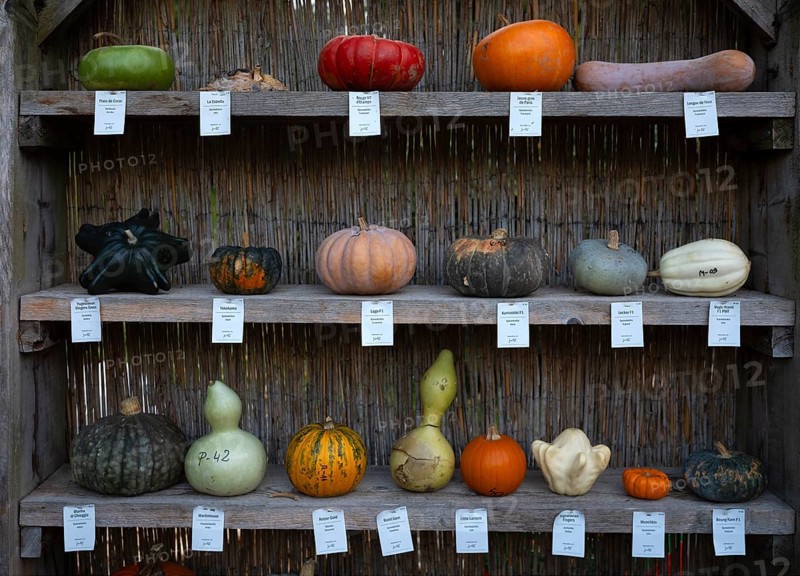 Classification, nomenclature, labelling shelf with various pumpkins, pumpkin exhibition, pumpkins, Blühendes Barock, Ludwigsburg, Baden-Württemberg, Germany, Europe