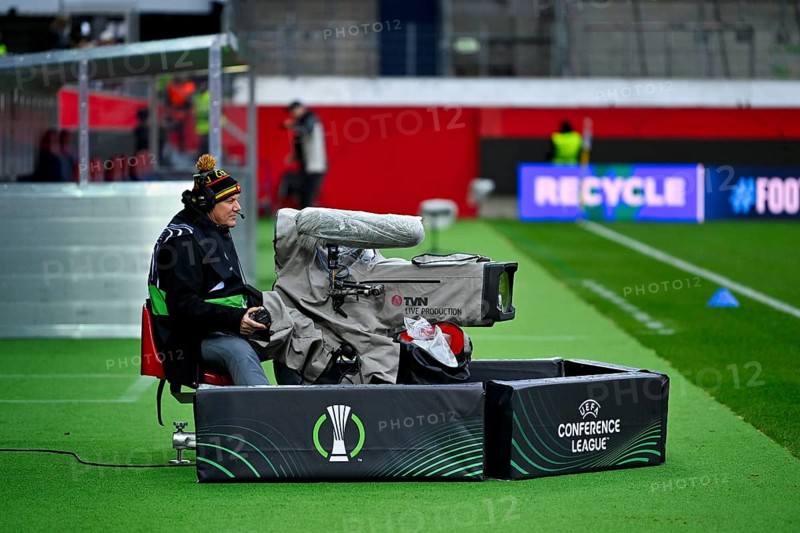 TV camera, cameraman, UEFA Conference League logo, Voith-Arena, Heidenheim, Baden-Württemberg, Germany, Europe