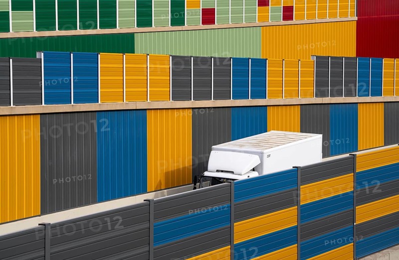 Colourful noise barriers on the A52 motorway, at the Essen-Rüttenscheid junction, the noise barriers were rebuilt in a colourful design as part of the motorway renovation, North Rhine-Westphalia, Germany, Europe