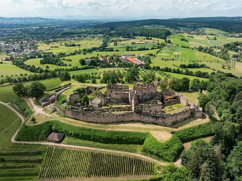 Aerial view of the ruins of Hochburg Castle, also known as Hachberg, 11th century, between Emmendingen, Sexau and Windenreute, second largest castle complex in Baden, administrative district of Freiburg, Black Forest, Baden-Württemberg, Germany, Europe