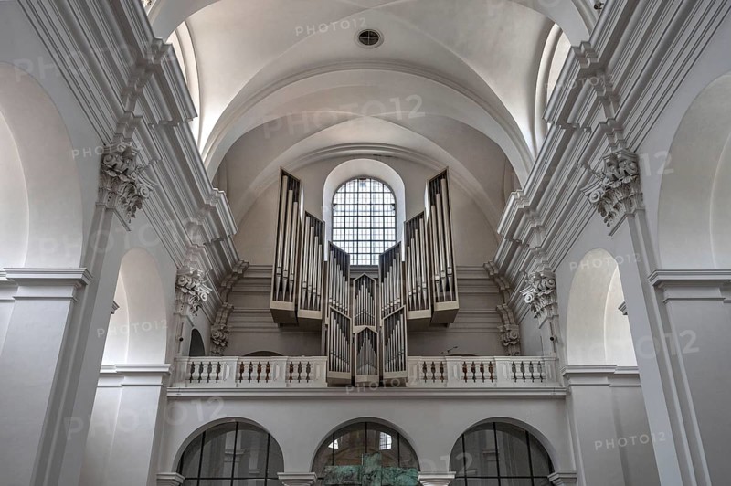 Organ loft in the parish church of St John, Hauk Abbey, built in 1691, Bahnhofstr. 4, Würzburg, Lower Franconia, Bavaria, Germany, Europe