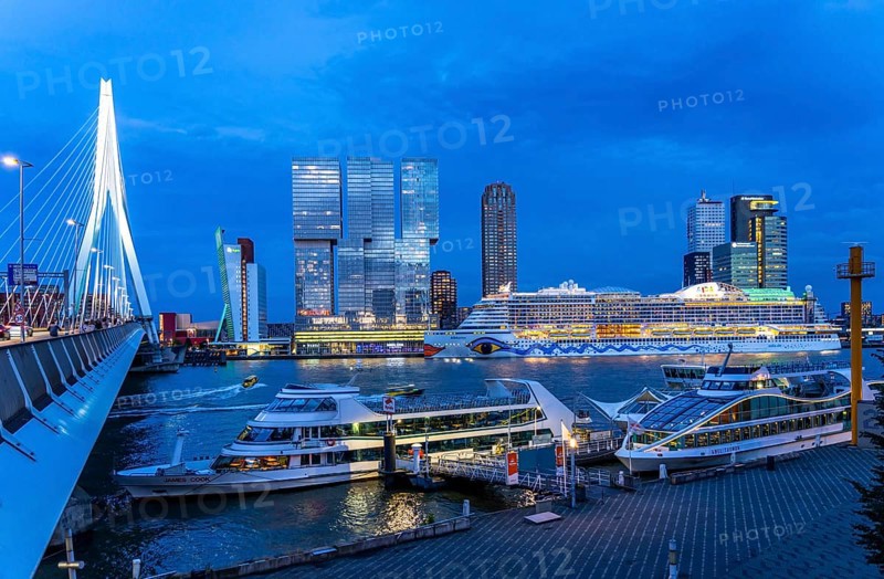 Rotterdam, skyline at the Nieuwe Maas, Erasmus Bridge, skyscrapers at the Kop van Zuid district, cruise ship Aida Prima at the cruise terminal, Spido cruise ships, Netherlands
