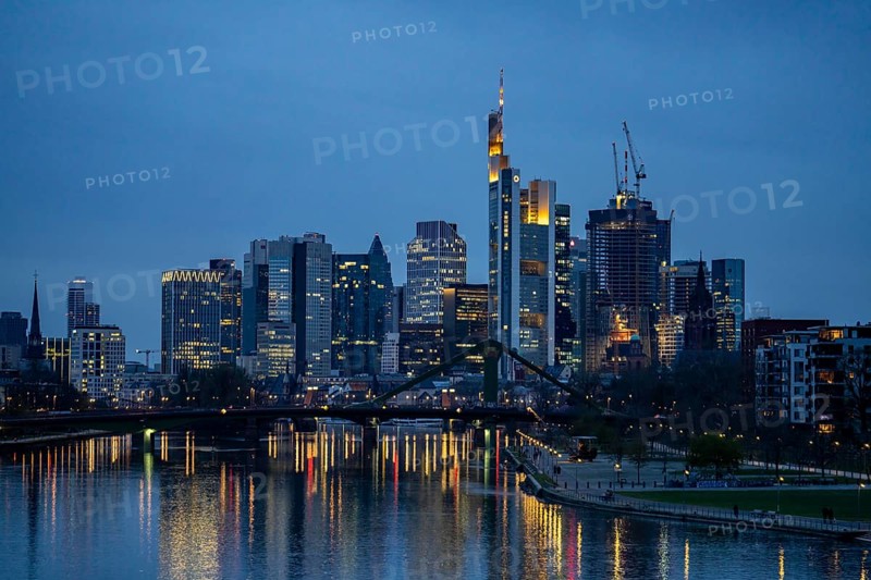 Skyline of Frankfurt am Main, skyscrapers, business and banking district in the city centre, bank at Weseler Werft, Hesse, Germany, Europe