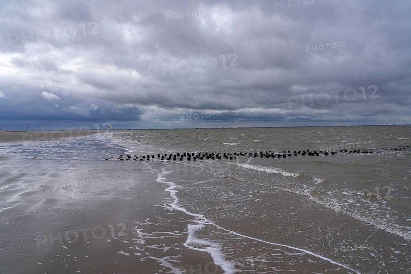 North Sea island Spiekeroog, East Frisia, Lower Saxony, Germany, beach at low tide on the west coast, winter, groynes, coastal protection, in the background the East Frisian mainland coast, west of Neuharlingersiel, Europe