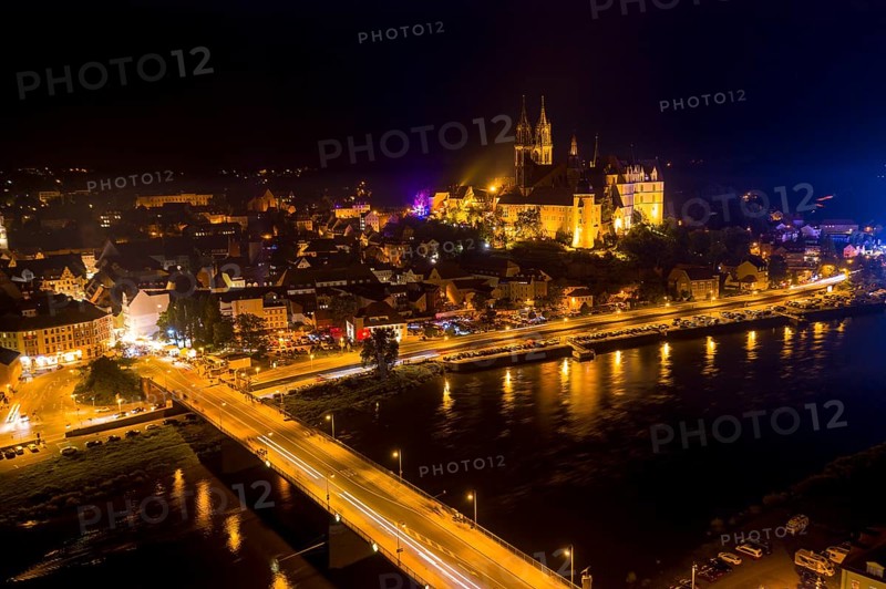 City view at night with Albrechtsburg castle, cathedral, old town, Elbe river and old Elbe bridge from above, Meissen, Saxony, Germany, Europe