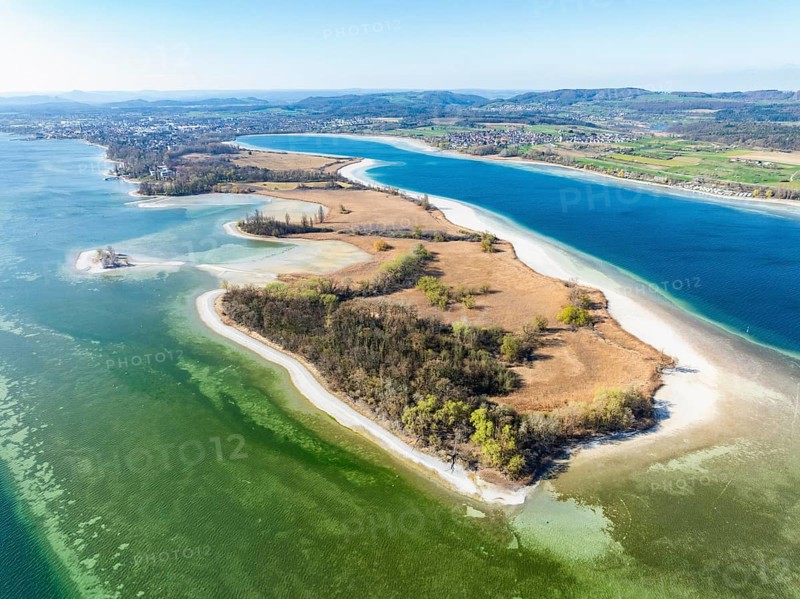 Aerial view of the Mettnau peninsula at low tide and spring-like vegetation, on the horizon the town of Radolfzell on Lake Constance, district of Constance, Baden-Württemberg, Germany, Europe