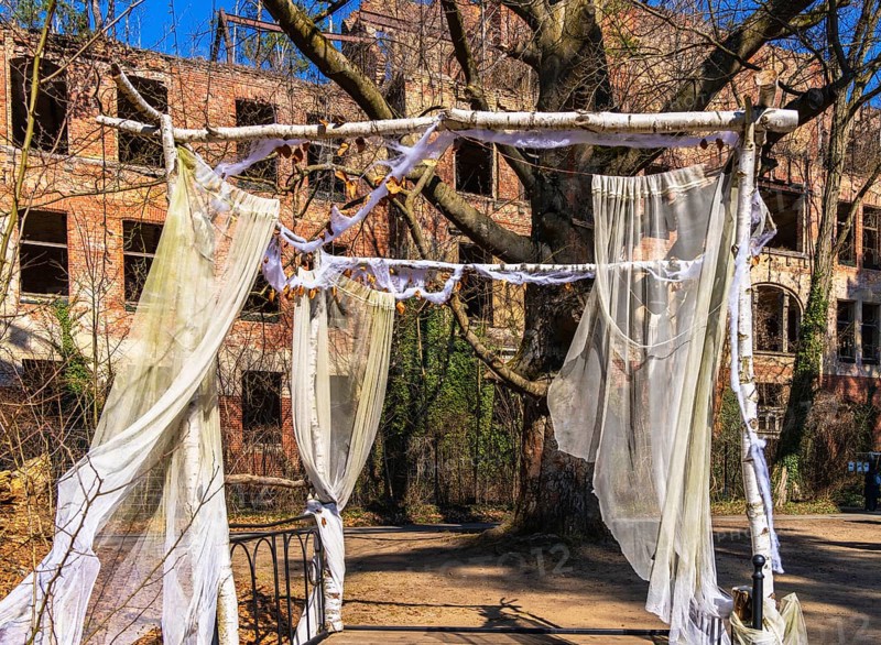 Art installation in front of the entrance to the former Alpenhaus, Historic Tuberculosis Sanatoriums in Beelitz, Brandenburg, Germany, Europe