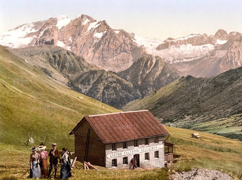 Summer holidaymakers at the Valentini Sellajoch Inn, Marmolada, Tyrol, formerly Austria-Hungary, today South Tyrol, Italy, Historical, digitally restored reproduction from a 19th century original, Record date not stated, Europe