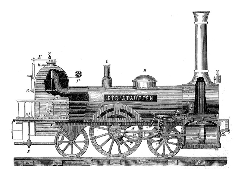 Side view of a historical locomotive, The Stauffen, in 1870, Historical, digital reproduction of an original from the 19th century
