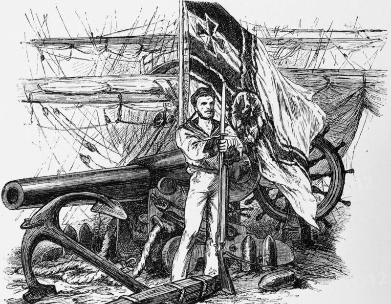 Wilhelmshaven, Lower Saxony, North Sea, emblem, symbol, navy, flag, sailor, sailing ship, cannon, anchor, steering wheel, Germany, historical illustration 1880, Europe
