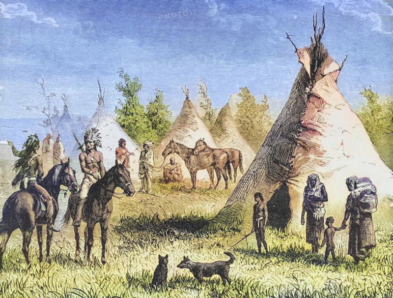Sioux village with tepees. From American Pictures Drawn With Pen And Pencil by Rev Samuel Manning c. 1880, United States, America, Historic, digitally restored reproduction from a 19th century original, Record date not stated, North America