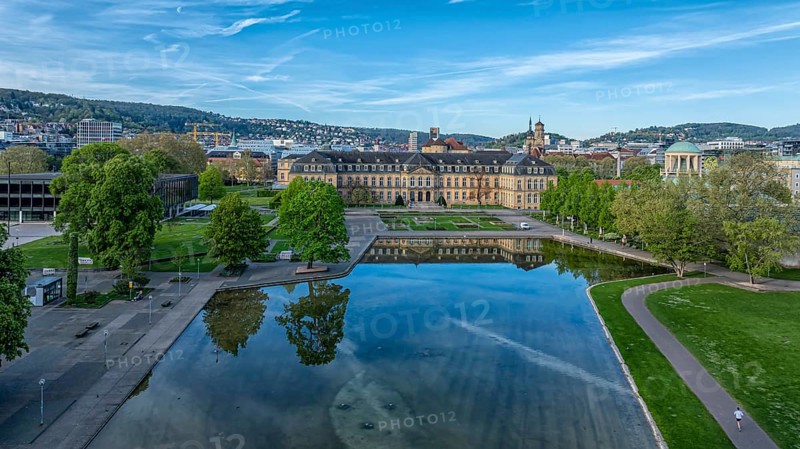 City view of Stuttgart. Aerial view. City centre with New Palace and Eckensee. Stuttgart, Baden-Württemberg, Germany, Europe