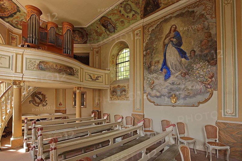 Idyllic small baroque castle chapel, interior view, organ with gallery, painting with Madonna figure, Dragstuhl Castle, Wadern, Saarland, Germany, Europe