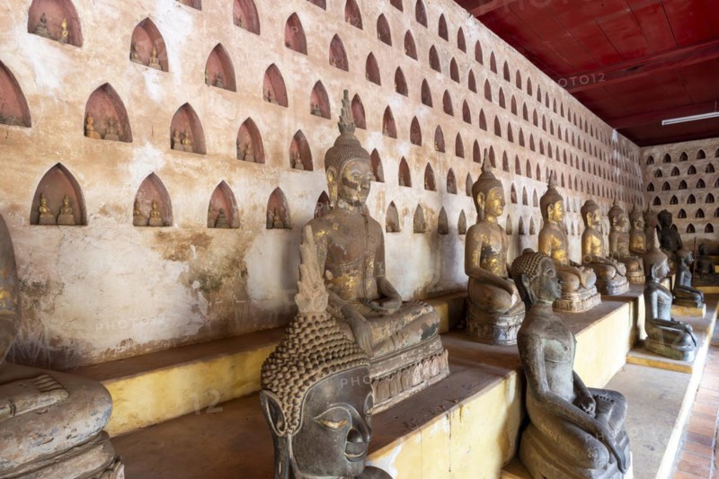 Ancient Buddha statues in the courtyard of Wat Si Saket, Vientiane, Vientiane province, Laos, Asia