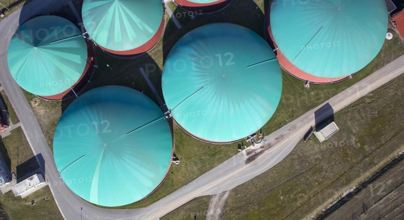 Aerial view of a biogas plant, energy production from biomass at an agricultural business, 16/03/2016