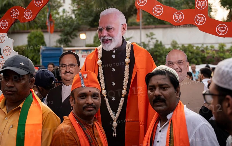 New Delhi, India, 4 June 2024. Bharatiya Janata Party (BJP) supporters celebrate as India's Prime Minister Narendra Modi being won the general elections for third time, in Delhi, Asia