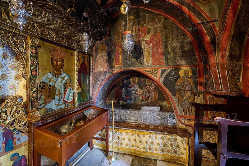 Magnificent interior of an Orthodox church with religious murals and icons, Inside the monastery, Agiou Theologou Monastery, Chora, Patmos, Dodecanese, Greek Islands, Greece, Europe