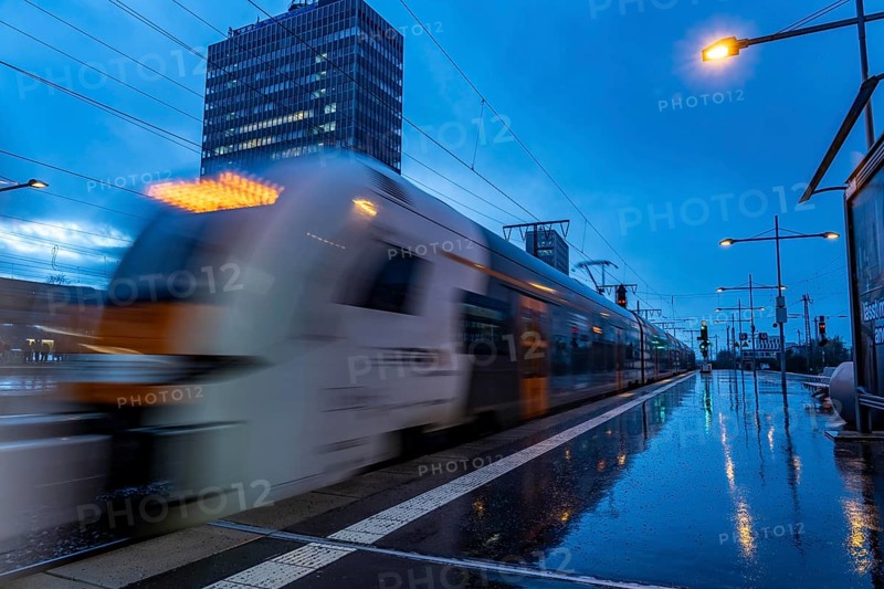 RRX train, regional express, Rhine-Ruhr-Express, train traffic, city centre skyline, Essen central station, North Rhine-Westphalia, Germany, Europe