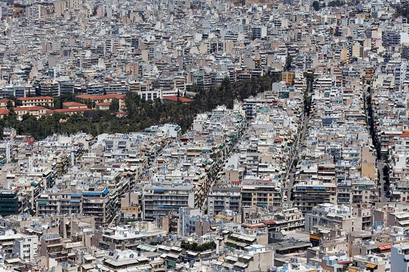 View of the city centre from Lycabettus Hill, Lykavittos, sea of houses with little greenery, Athens, Greece, Europe