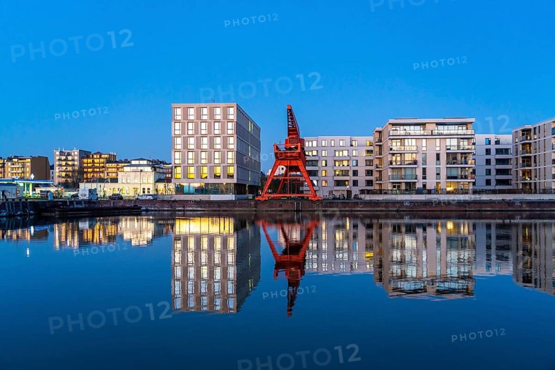New harbour, harbour basin, harbour district, residential buildings, office buildings, marina and museum ship, part of the Harbour Worlds, in Bremerhaven, Bremen, Germany, Europe