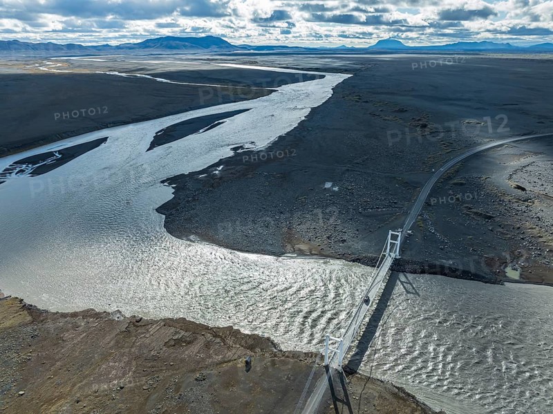 Bridge over river Jökuls a Fjöllum, ringroad no. 1, Mt. Herdubreid in the back, aerial view, Iceland, Europe