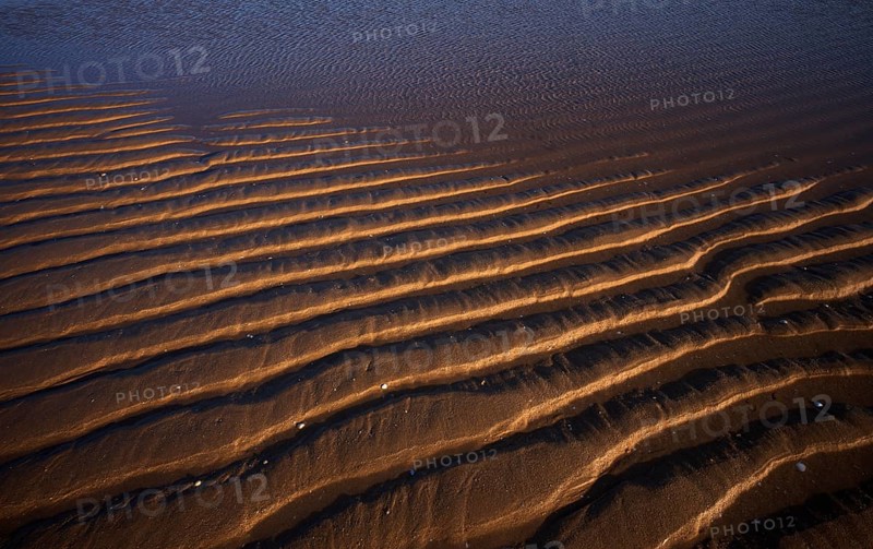 Sand ripples, wavy lines in the sand, structure, sandy beach, Meia Praia beach, Lagos, Atlantic Ocean, evening light, Algarve, Portugal, Europe