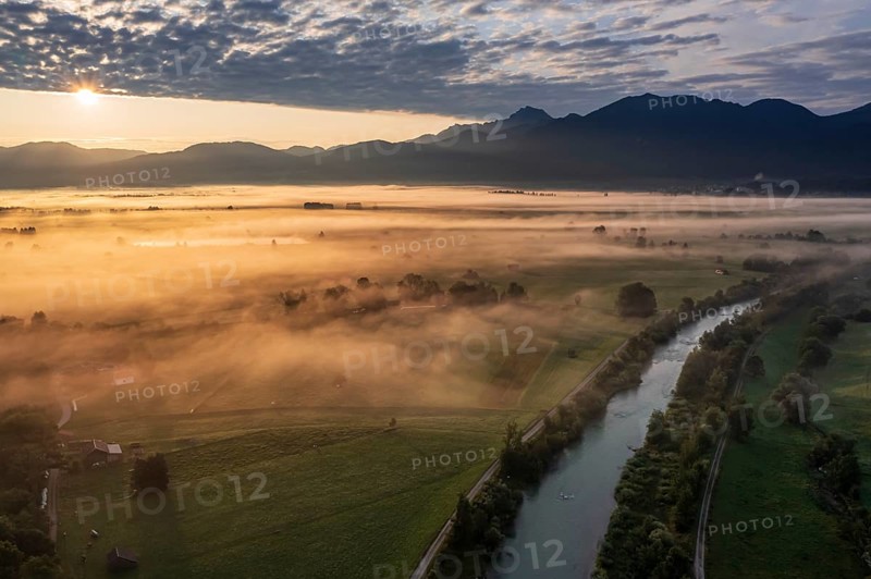 Aerial view of a river in front of mountains in the morning light, fog, autumn, Loisach, view of Benediktenwand, Alpine foothills, Upper Bavaria, Bavaria, Germany, Europe