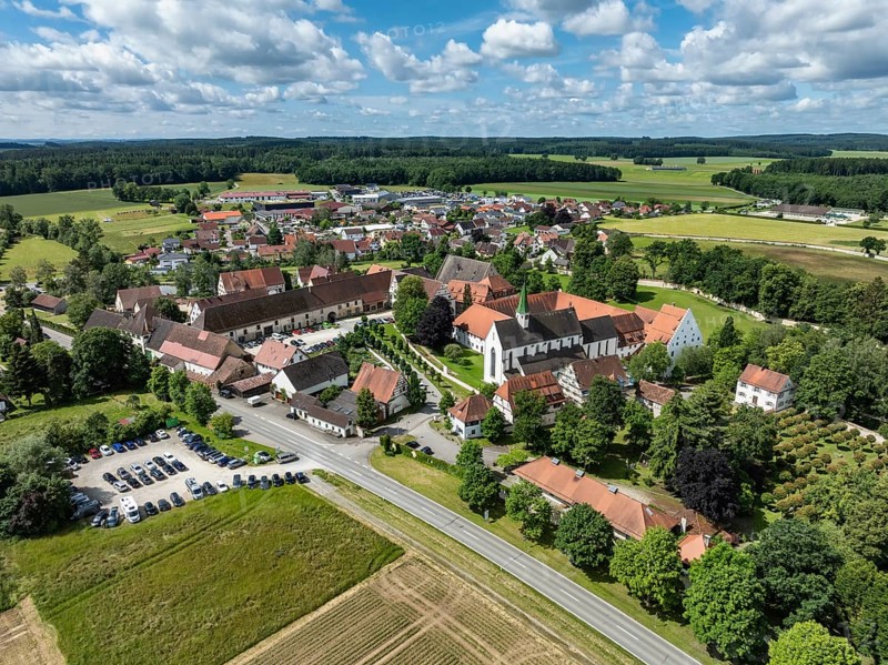 Aerial view of the village of Heiligkreuztal with the cathedral and the former Cistercian nunnery, district of Biberach, Upper Swabia, Baden-Württemberg, Germany, Europe
