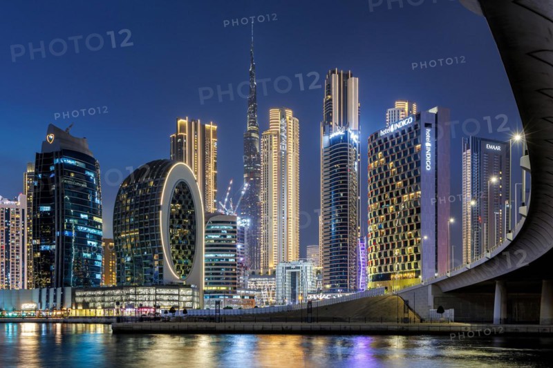 View of Dubai Burj Khalifa skyline tallest building in the world downtown at night in Dubai, United Arab Emirates, Asia