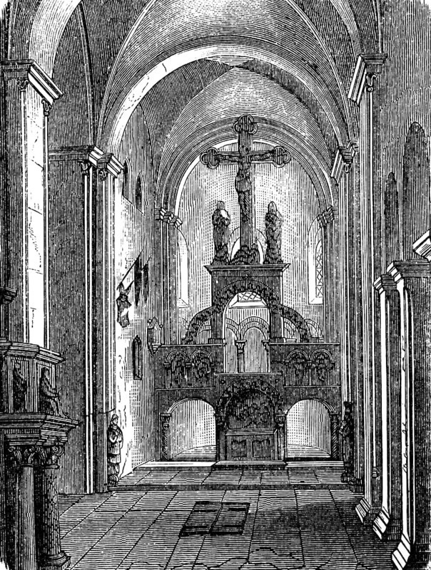 Interior of the monastery and parish church, Romanesque basilica of the Holy Cross, altar, round arch, figures, Wechselburg, Saxony, Germany, istorical illustration 1880, Europe