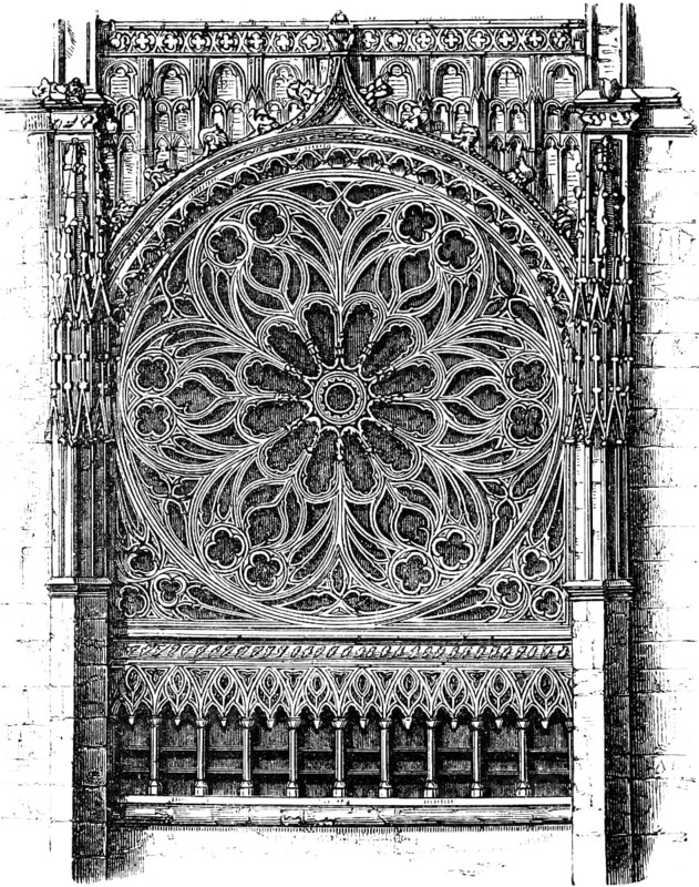 Rose window, west front of Rouen Cathedral, Coronation Church, France, historical illustration 1880, Europe