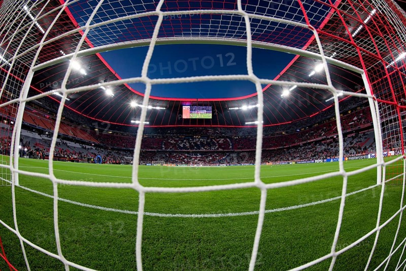 Overview, interior, floodlit match, behind-the-goal perspective, goal net, blue hour, fisheye shot, Champions League, Allianz Arena, Munich, Bavaria, Germany, Europe