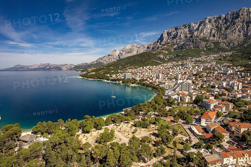 Makarska and the Biokovo Mountains seen from the air, Croatia, Europe