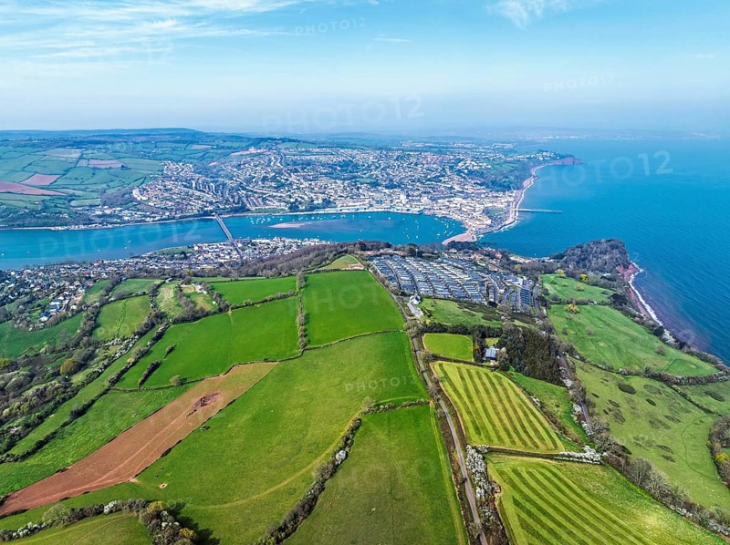 Farms and Fields over River Teign from a drone, Teignmouth, Shaldon, Devon, England, United Kingdom, Europe
