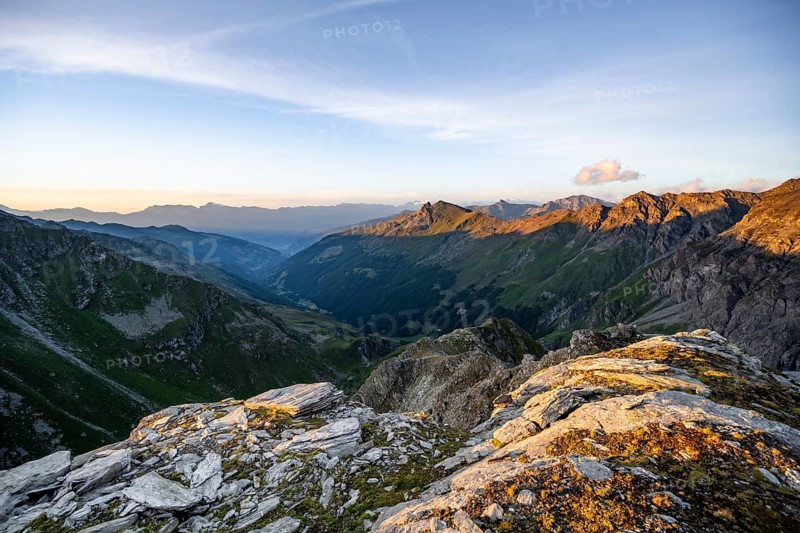 Picturesque mountain landscape at the summit of Mont de la Blana at sunset, view of La Dixence valley, Hérémence, Valais, Western Alps, Switzerland, Europe
