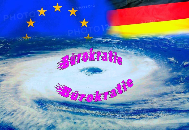Symbol photo, bureaucracy as a cyclone over the EU and Germany, flood of paragraphs, European Union, jumble of laws, digitalisation of administration, confusing paths, outdated processes, dusty authorities, business-to-government market, old-style offices, antiquated filing systems, analogue printouts, future fields of data processing, digitally left behind, politics must deliver