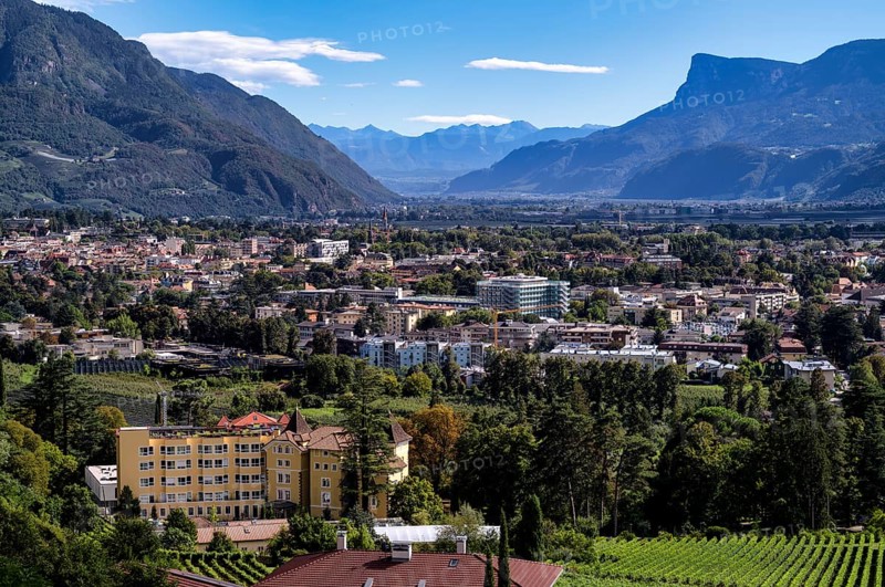 View from Tappeinerweg, Tappeiner promenade, on hospital, vineyards, Merano, Meran, South Tyrol, Autonomous Province of Bolzano, Italy, Europe