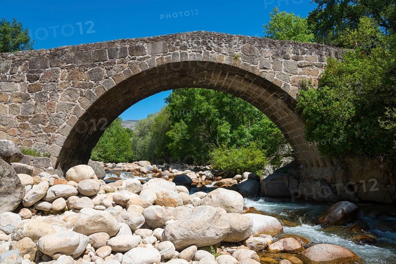 An old stone bridge spans a shallow river, surrounded by stones and trees under a clear sunny sky, Puente Parral, Roman bridge Parral, Garganta Jaranda, Jaranda Gorge, Jarandilla de la Vera, Cáceres, Caceres, Extremadura, Spain, Europe
