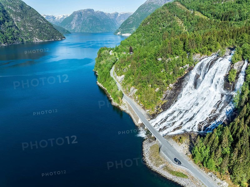 Waterfall Furebergsfossen at the Hardangerfjord, near Aenes, aerial view, Hardanger, Norway, Europe