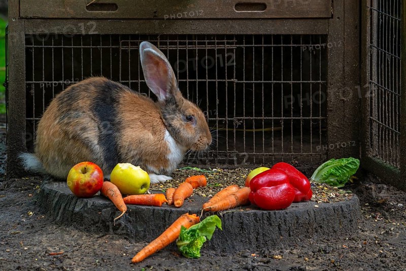 Continental giant, German giant, Flemish giant, very large breed of domestic rabbit eating carrots, vegetables and apples in front of rabbit's cage