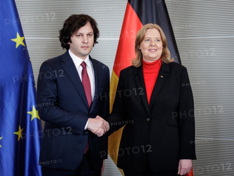 (R-L) Bärbel Bas, President of the Bundestag, and Irakli Kobakhidze, Prime Minister of Georgia, pictured during a visit to Berlin, 12 April 2024