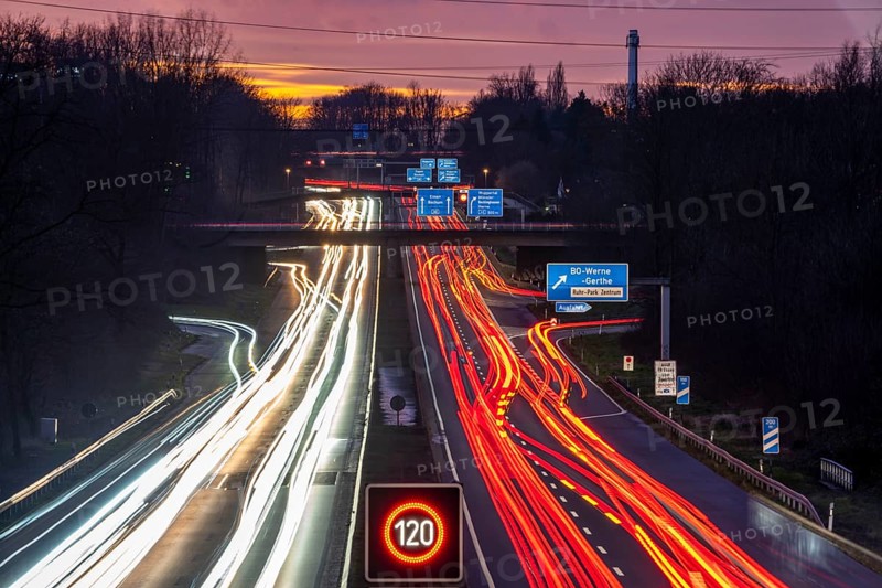 Motorway A40, Ruhrschnellweg, near Bochum, dense evening traffic, in front of the motorway junction Bochum, A43, view in west direction, North Rhine-Westphalia, Germany, Europe