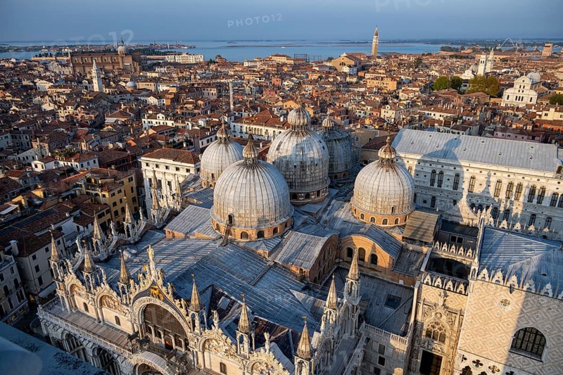 View over the roofs of Venice with St Mark's Basilica and Doge's Palace in the evening light, view from the Campanile di San Marco bell tower, city view of Venice, Veneto, Italy, Europe