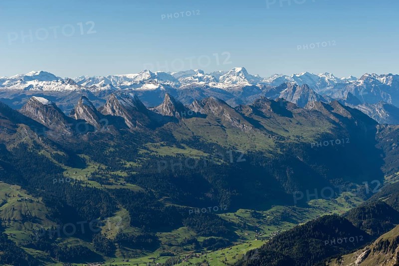 View from the alpine peak Säntis to the Appenzell Alps, 2505m altitude, Schwägalp, snow-covered mountain range, Urnäsch, Canton Appenzell, Ausserrhoden, Switzerland, Europe