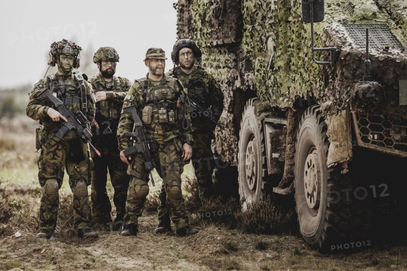 Armed soldiers, photographed as part of a Bundeswehr exercise with armed forces from Norway and the Czech Republic during the 'Wettiner Schwert' exercise as part of Quadriga 2024 in the training town of Schnöggersburg, 8 April 2024