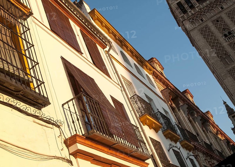 Late afternoon golden sunlight falling of historic houses in Placentines street, central Seville, Spain next to La Giralda tower