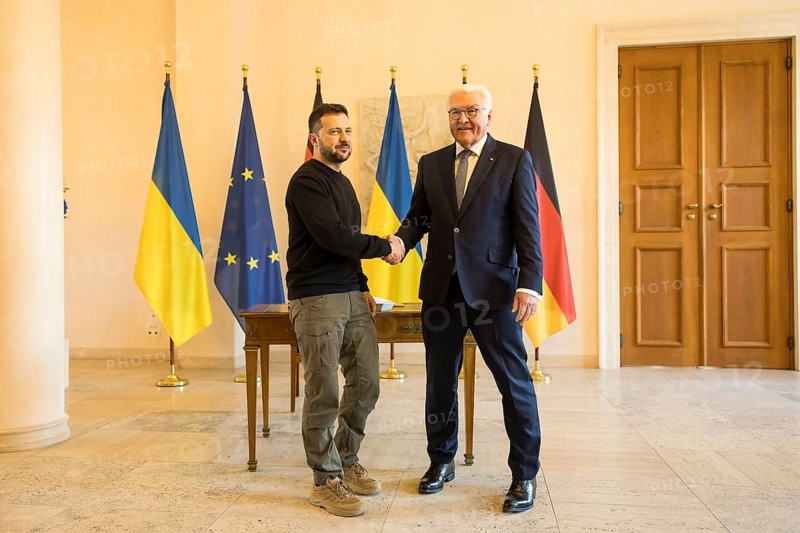 Volodymyr Selensky (President of Ukraine) after his entry in the guest book with Frank-Walter Steinmeier (President of the Federal Republic of Germany) at Bellevue Palace, 11 October 2024